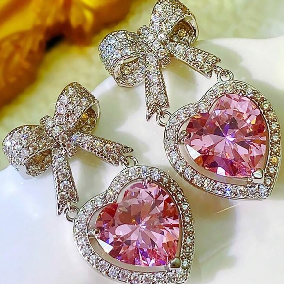Cubic Zirconia Bow And Heart Earrings - Picture 1 of 7